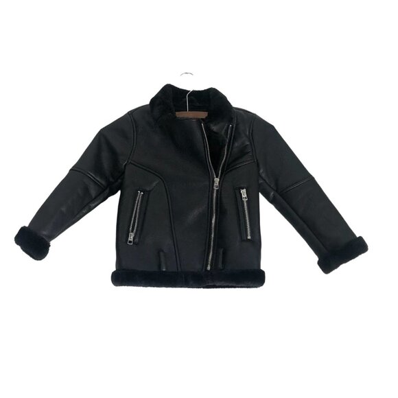 Zara Girls Faux Fur Faux Leather Biker Zip Jacket Faux Fur Lined Size 6